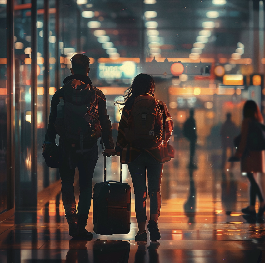 Pareja viajera caminando por el aeropuerto.